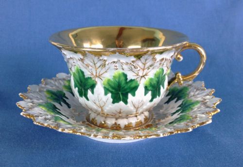 19thc Meissen Large Cabinet Cup & Saucer Moulded Leaves Green and Gold C.1880