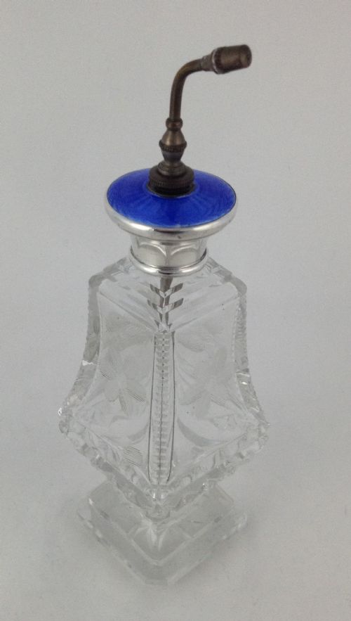 Large Silver Guilloche Enamel Cut Glass Atomizer Scent Bottle Edwardian American Sterling Etched Flowers Blue