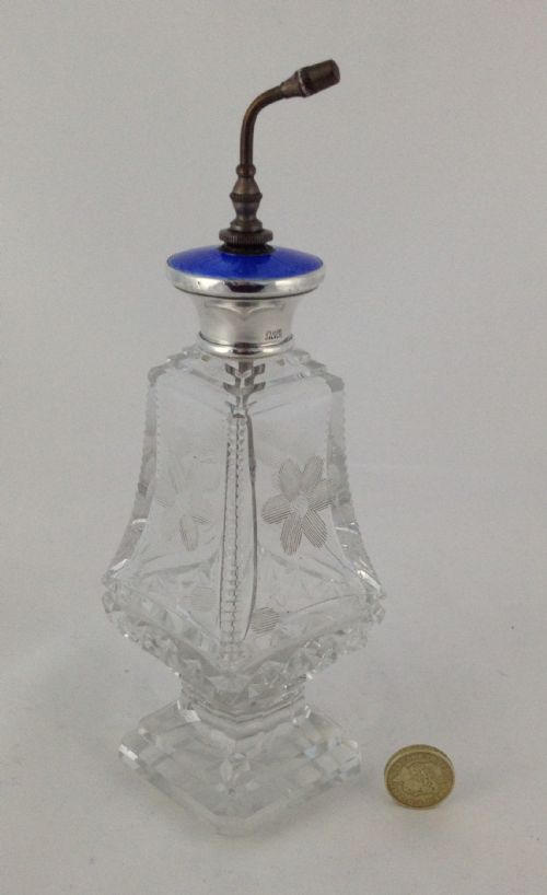 fig 1. Large Silver Guilloche Enamel Cut Glass Atomizer Scent Bottle Edwardian American Sterling Etched Flowers Blue