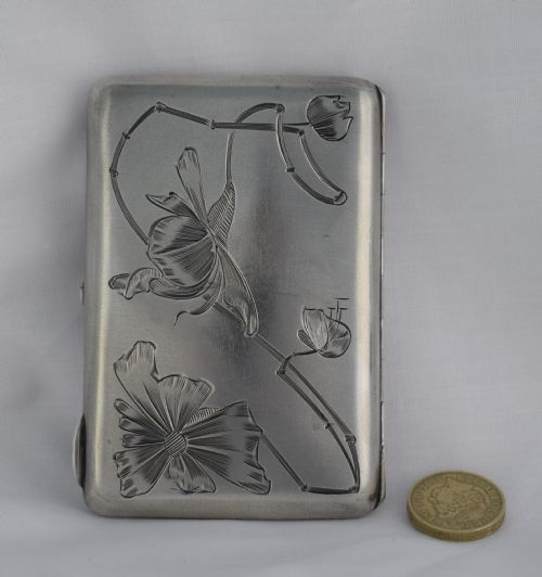 fig 1. Art Nouveau Russian Silver Cigarette Case Moscow 1899-1908 Engraved Flowers BC Maker
