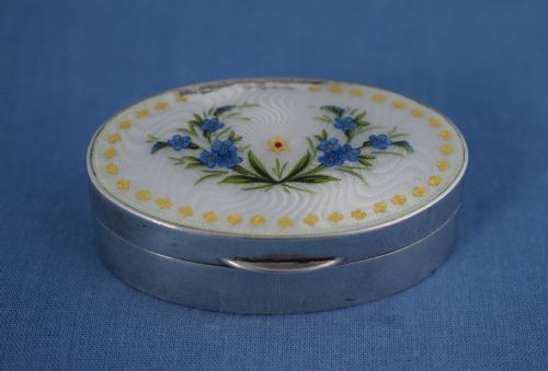 Pretty Silver & Guilloche Enamel Snuff Box Chester 1910 Saunders & Shepherd Painted Flowers Forget-me-nots Edwardian
