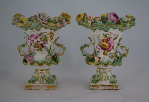 Pair Small Coalport Flower Encrusted Vases Coalbrookedale Style C.1835