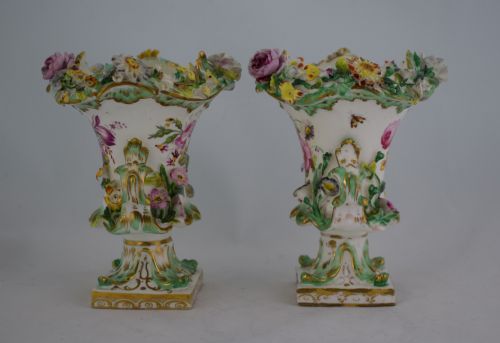 fig 1. Pair Small Coalport Flower Encrusted Vases Coalbrookedale Style c.1835