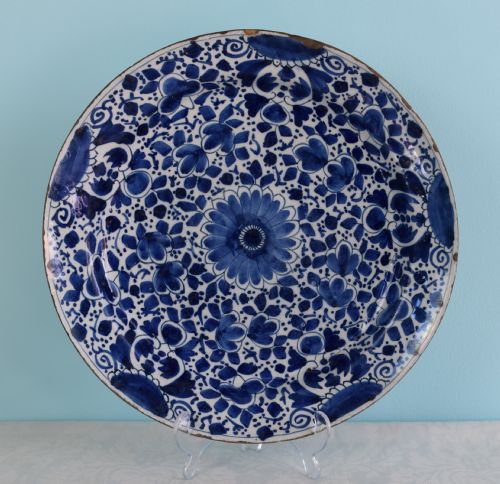Large 14" Early 18thc Dutch Delft Charger Blue Flowers Foliage Chrysanthemum Late 17th Dish