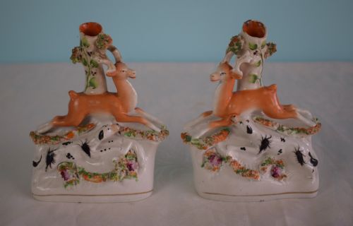 Pair Victorian Staffordshire Spill Holders Stag & Hound Hunting Scene Flatback C.1860