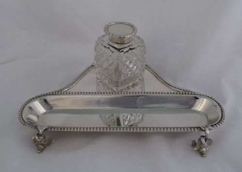 Edwardian Silver Inkstand Dolphin Feet Cut Glass Peter Henderson Deere London 1909 Antique Sterling