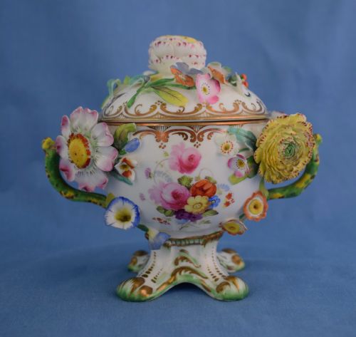Pretty Spode Flower Encrusted Lidded Chocolate Cup & Cover Ornamental Regency C.1830 Twin Handled Insects Porcelain