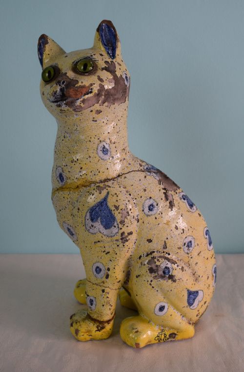 Charming Early Emile Galle Faience Cat C.1885 Gr Mark Care Worn Looking for a Good Home Green Eyes 19thc Pottery