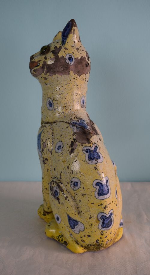 fig 1. Charming Early Emile Galle Faience Cat c.1885 GR Mark Care Worn Looking For A Good Home Green Eyes 19thC Pottery