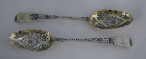 George III Pair Silver Gilt Berry Spoons 1784 London George Smith III Georgian Embossed & Engraved 18thc