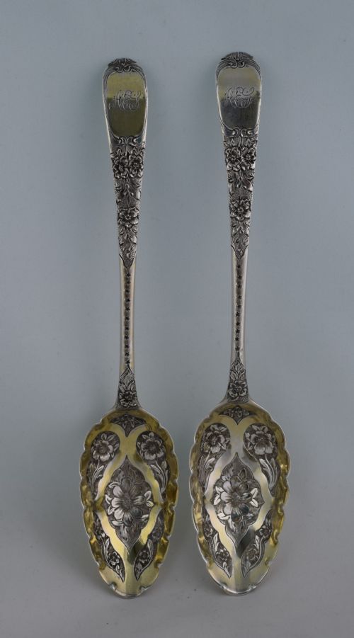 fig 1. George III Pair Silver Gilt Berry Spoons 1784 London George Smith III Georgian Embossed & Engraved 18thC 