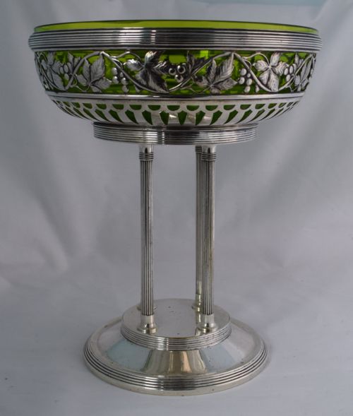 fig 1. Large WMF Silver Plated Centrepiece Green Glass Liner Art Nouveau Fruiting Vine Fruit Bowl