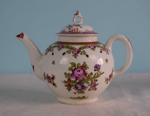 Stunning Lowestoft Porcelain Teapot 18th Century Floral Enamels Matched Cover C.1775