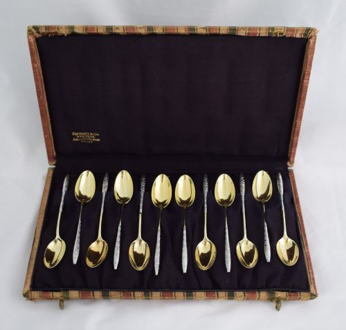 Stunning Cased Set 12 Tiffany & Co. Art Nouveau Silver Gilt Coffee Spoons Demi Tasse