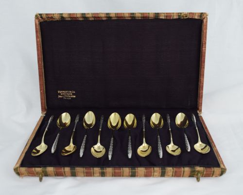 fig 1. Stunning Cased Set 12 Tiffany & Co. Art Nouveau Silver Gilt Coffee Spoons Demi Tasse