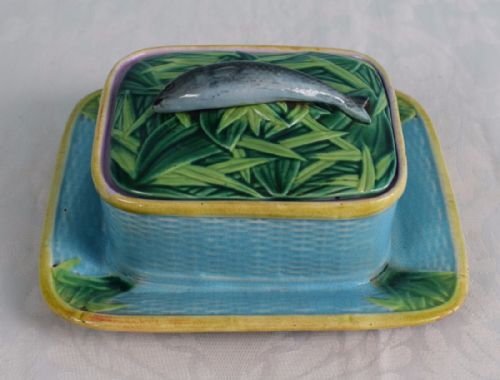 Fabulous George Jones Majolica Sardine Box & Cover Turquoise Ground Pink Interior Victorian