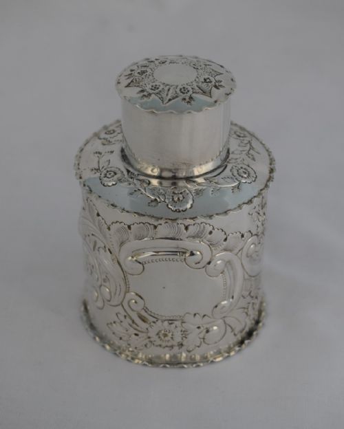 Pretty Victorian Silver Tea Caddy Canister Deakin & Francis 1899 Embossed Roses Vacant Cartouche