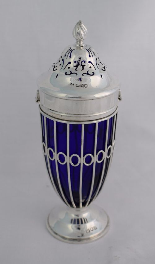 fig 1. Stunning Silver & Bristol Blue Glass Sugar Caster Edward & Noble Haseler 1911 London