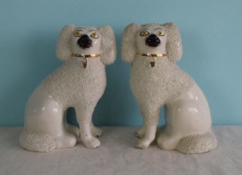 Pair Victorian Staffordshire Pottery Poodles Fireside Dogs Separate Front Feet C.1860 White Gilded Collars