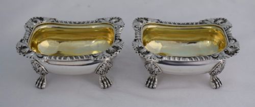 Fabulous Pair Georgian Silver Open Table Salts Joseph Angell I 1816 Gilt Interior Lion Paw Feet