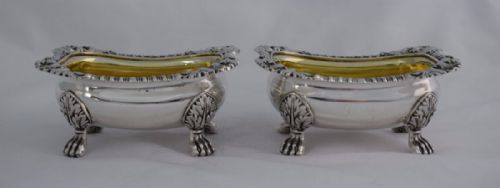 fig 1. Fabulous Pair Georgian Silver Open Table Salts Joseph Angell I 1816 Gilt Interior Lion Paw Feet