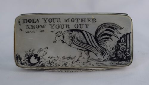 Unusual Georgian Silver Snuff Box 3 Engraved Mop Panels Mother of Pearl Humerous Novelty C.1800