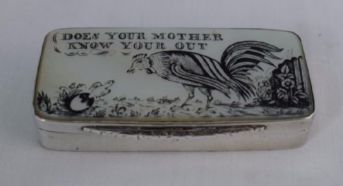 fig 1. Unusual Georgian Silver Snuff Box 3 Engraved MOP Panels Mother Of Pearl Humerous Novelty c.1800