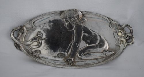 Art Nouveau Wmf Silver Plated Card Tray Kneeling Child & Snail 210 C.1905