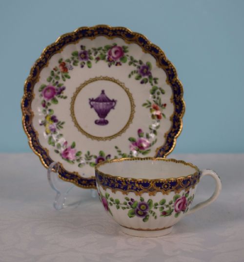 Stunning Worcester 1st Period Fluted Cup & Saucer C.1770 Polychrome Enamels Floral Frieze Urn Cobalt Blue