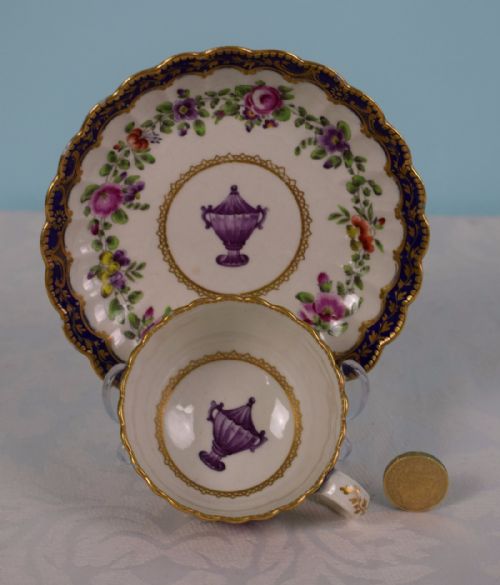 fig 1. Stunning Worcester 1st Period Fluted Cup & Saucer c.1770 Polychrome Enamels Floral Frieze Urn Cobalt Blue