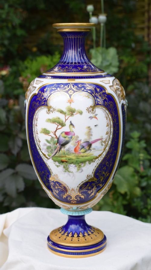 Stunning Large Royal Worcester Vase Victorian Blue Ground Asiatic Pheasants Turquoise Cabochons