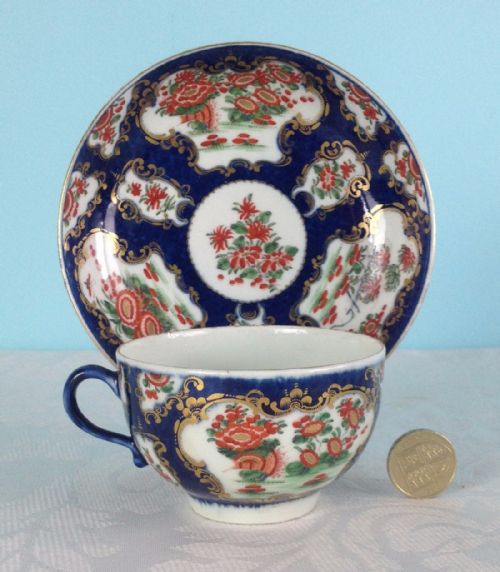 fig 1. Dr Wall Worcester Blue Scale Cup & Saucer Flowers Kakiemon c. 1770 First Period