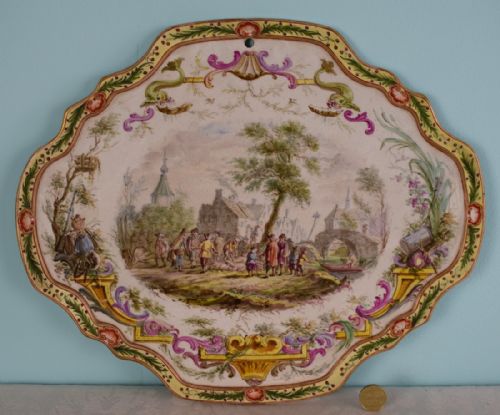 19thc French Lille Porcelain Hand Painted Wall Plaque Faience Village Scene Market Day
