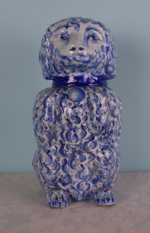 Charming 19thc French Faience Poodle Tobacco Jar Humidor Delft Blue Pottery Tin Glazed Dog