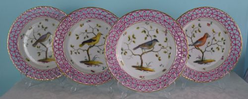 Rare Set 4 18thc Limbach Ornithological Bird Dessert Plates Reticulated Pink Rim C.1772-1787 Thuringia