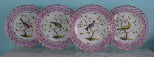 Rare Set 4 18thc Limbach Ornithological Bird Dessert Plates Reticulated Pink Rim C.1772-1787 Thuringia