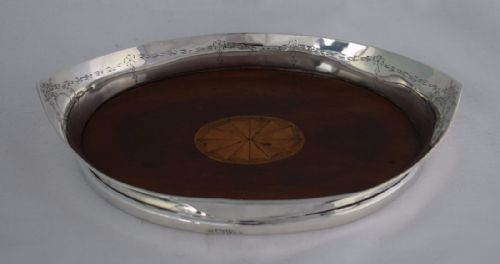 Unusual Silver Mounted Mahogany Card Tray Nathan & Hayes Trinket Dish George V Navette