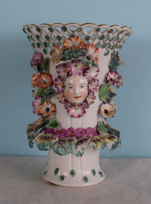 Early Derby Frill Trumpet Vase C.1760 Masks Flower Encrusted Polychrome Enamels Chelsea