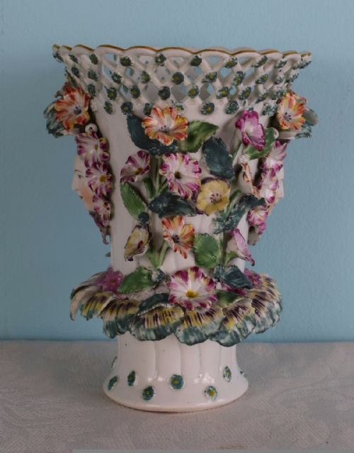fig 1. Early Derby Frill Trumpet Vase c.1760 Masks Flower Encrusted Polychrome Enamels Chelsea