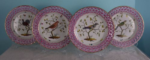 Rare Set 4 18thc Limbach Ornithological Bird Dessert Plates Reticulated Pink Rim C.1772-1787 Thuringia