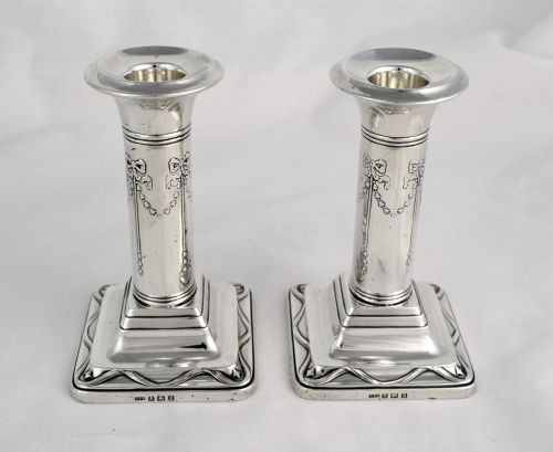 Pretty Pair of Silver 5" Candlesticks Bow Swag George V 1925 Ellis Jacob Greenburg