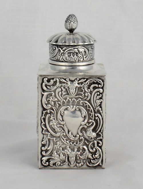 Victorian Silver Square Tea Canister William Comyns Embossed Green Man Art Nouveau Caddy