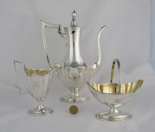 fig 1. Stunning Gorham Sterling Silver Plymouth Coffee Set Demi-Tasse c.1920s Pot Sugar Basket Cream Jug