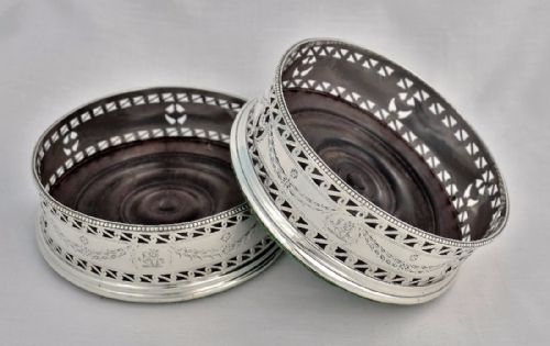 Pair George III Pierced Silver Wine Coasters Turned Mahogany Georgian Bottle