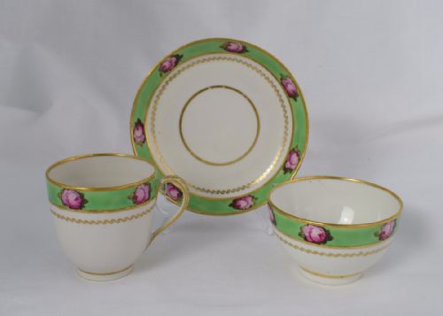 fig 1. 18th Century Derby Porcelain Apple Green Trio Billingsley Roses Pattern 373