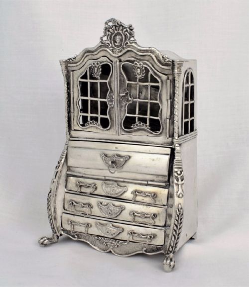 19thc Large Dutch Miniature Silver Bureau Bookcase Secretary Cabinet Furniture