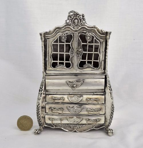fig 1. 19thC Large Dutch Miniature Silver Bureau Bookcase Secretary Cabinet Furniture