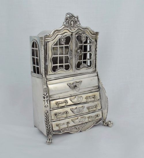 fig 2. 19thC Large Dutch Miniature Silver Bureau Bookcase Secretary Cabinet Furniture
