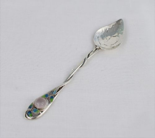 Stunning Charles Horner Silver Enamel & Rock Crystal Leaf Teaspoon Arts & Crafts Style 1928 Nouveau