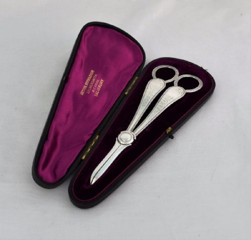 Pretty Cased Victorian Silver Grape Shears Scissors Martin, Hall & Co. Sheffield